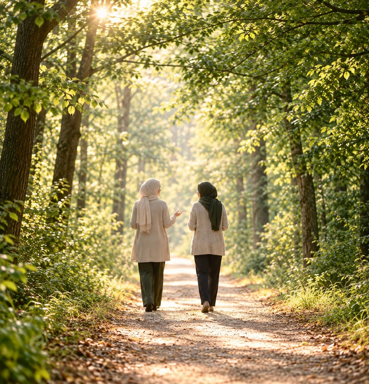 Two women in headscarves walking and talking together along a sunlit, tree-lined path