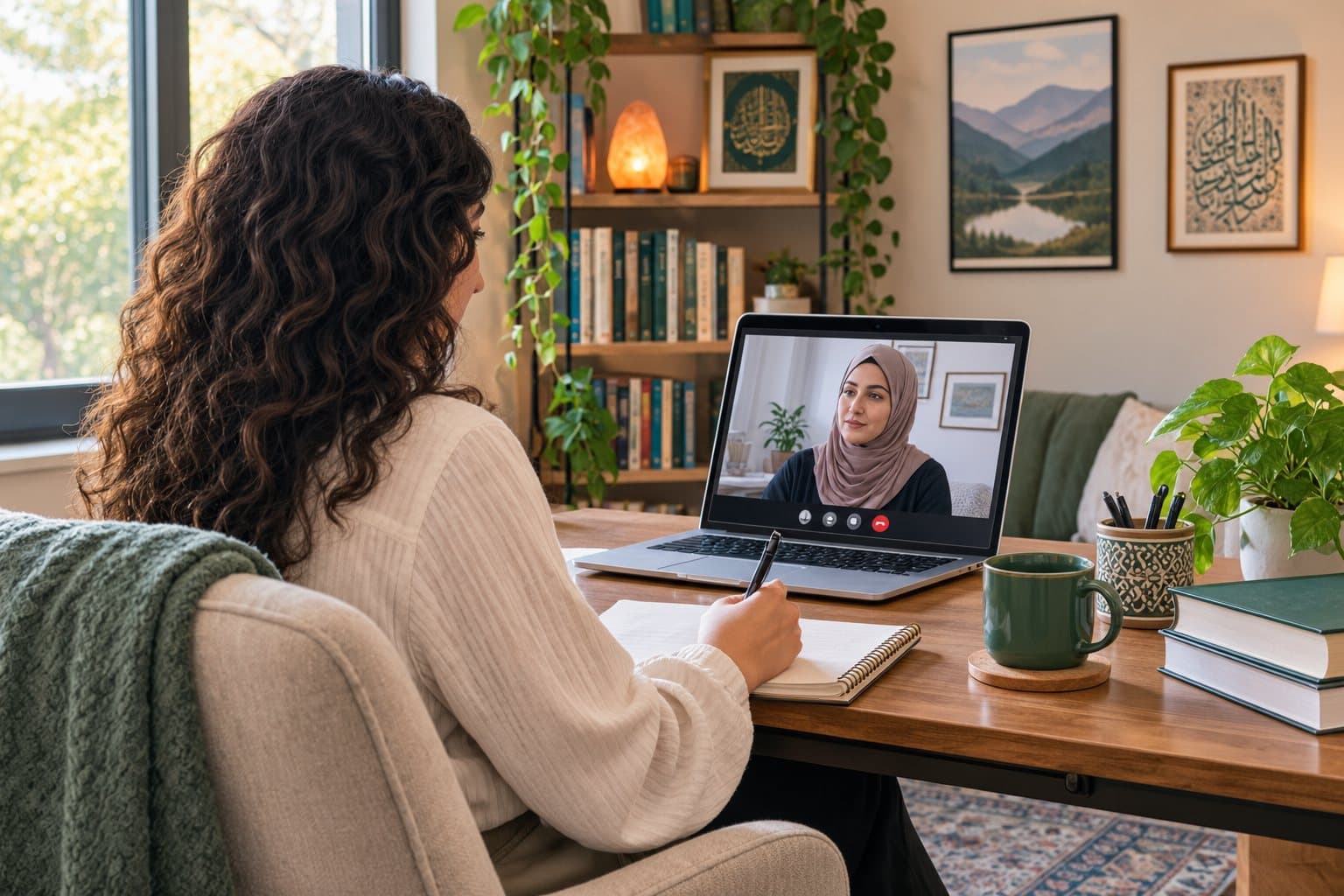 A woman taking notes during a video therapy session with a therapist in a hijab