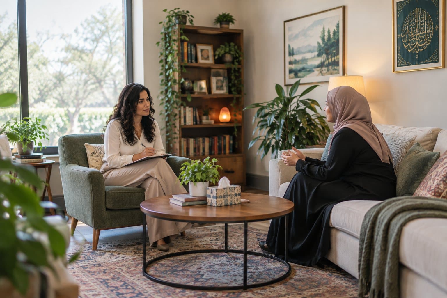 A therapist listening to a woman in a hijab during a session in a calm, plant-filled office