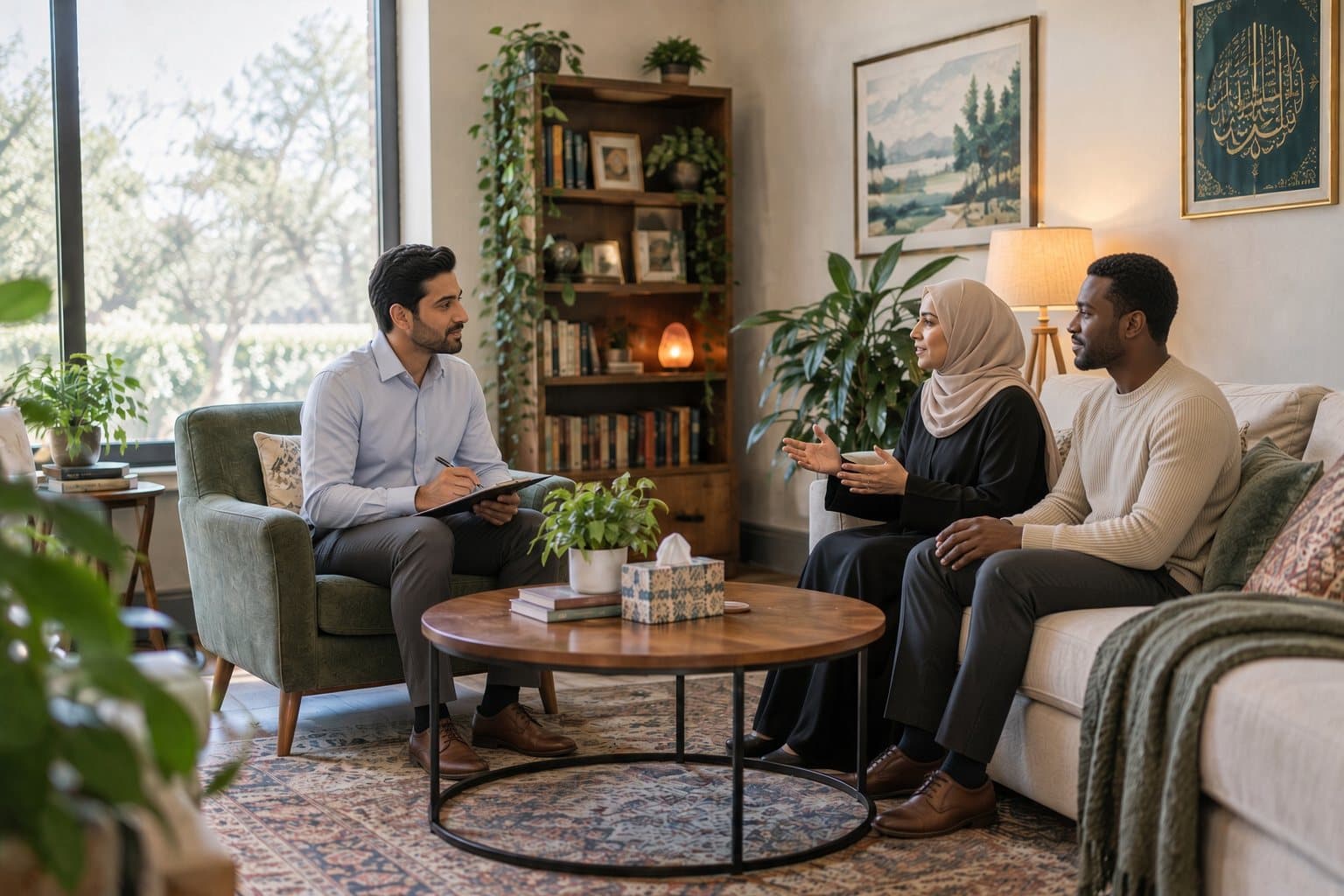 A married couple talking with a therapist in a warm, plant-filled office