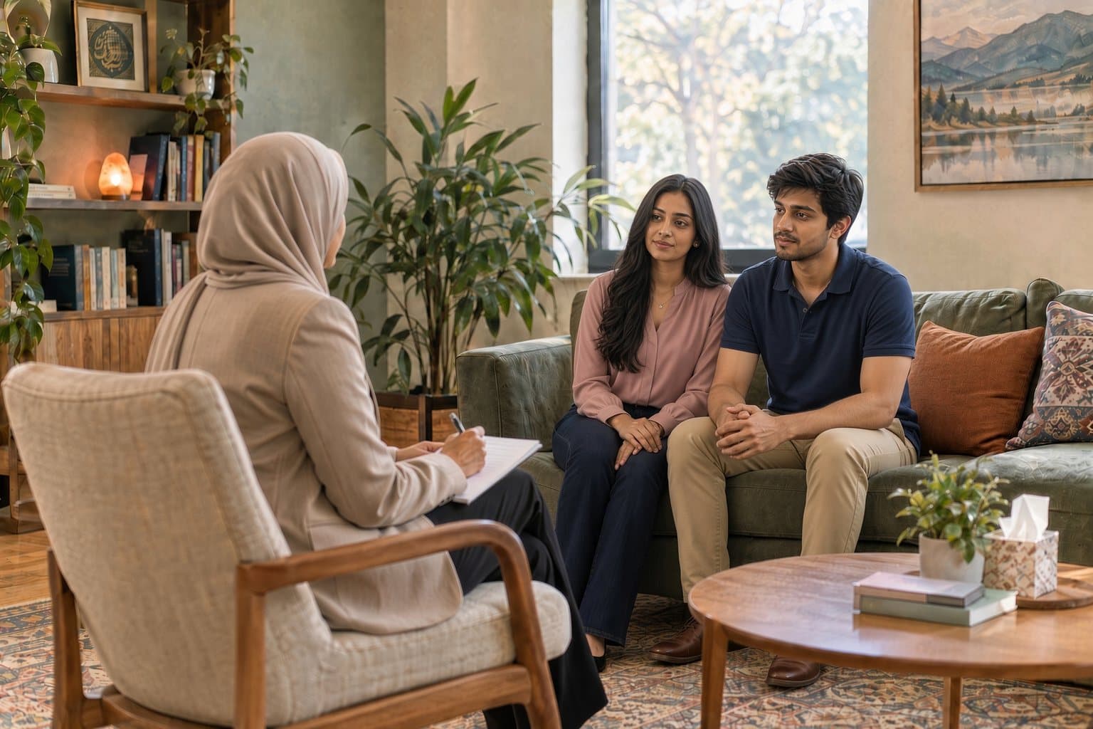 A young couple sitting together on a sofa, listening to a therapist in a hijab