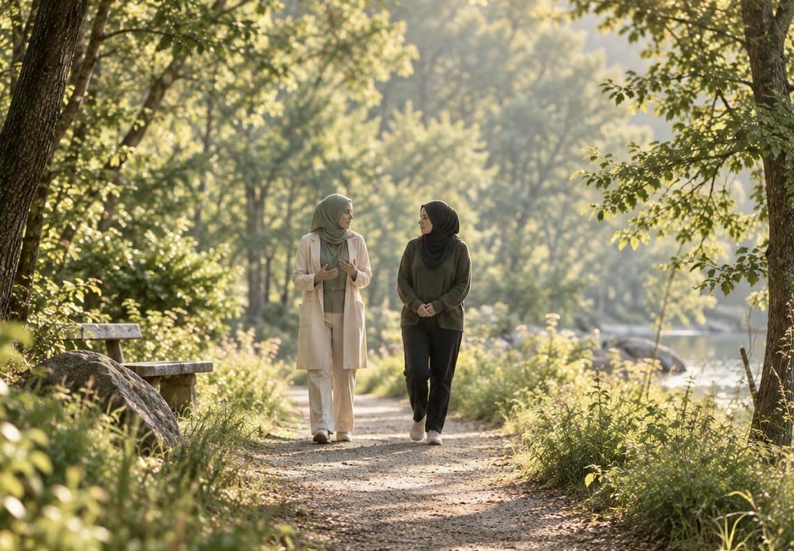 Two women in hijabs talking as they walk along a sunlit wooded trail